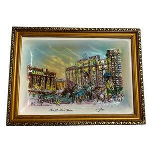 Vintage Ceramic Painting Framed Trevi Fountain by Angelo 15.5” X 11.5” Approxi..